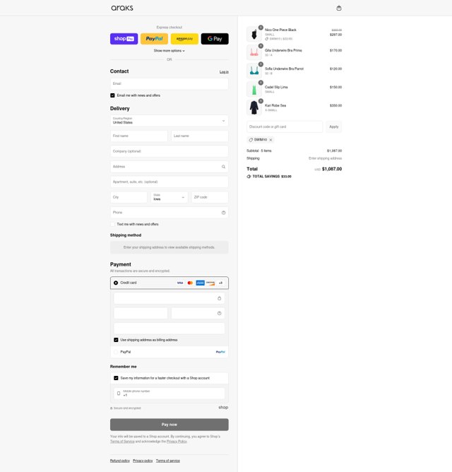 Araks checkout page showing Araks discount code box | Screenshot taken by SimplyCodes community member on Aug 22, 2025