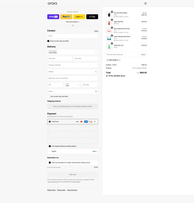 Araks checkout page showing Araks discount code box | Screenshot taken by SimplyCodes community member on Aug 12, 2025