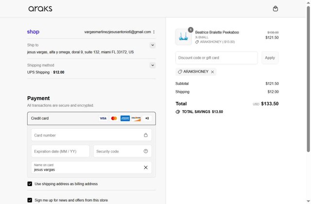 Araks checkout page showing Araks discount code box | Screenshot taken by SimplyCodes community member on Aug 31, 2025