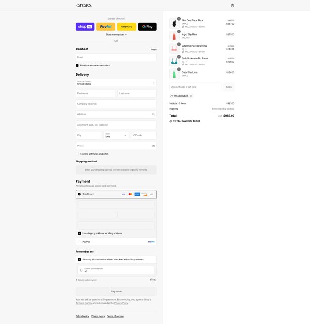 Araks checkout page showing Araks discount code box | Screenshot taken by SimplyCodes community member on Aug 16, 2025