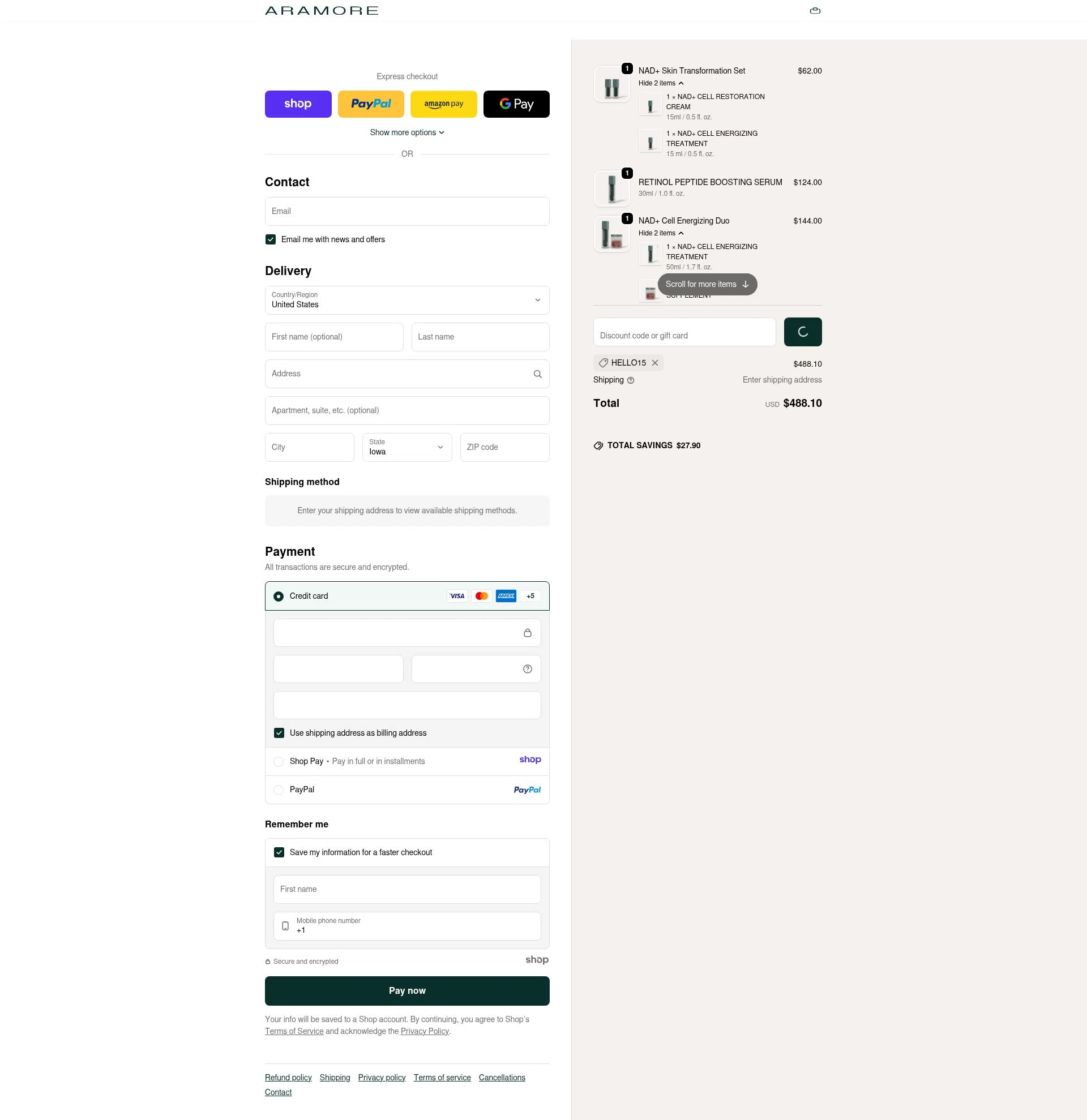 Aramore checkout page showing Aramore discount code box | Screenshot taken by SimplyCodes community member on Dec 23, 2025
