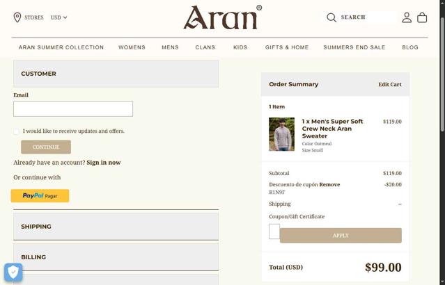 Aran Sweater Market checkout page showing Aran Sweater Market coupon code box | Screenshot taken by SimplyCodes community member on Aug 19, 2025