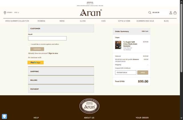 Aran Sweater Market checkout page showing Aran Sweater Market coupon code box | Screenshot taken by SimplyCodes community member on Sep 4, 2025