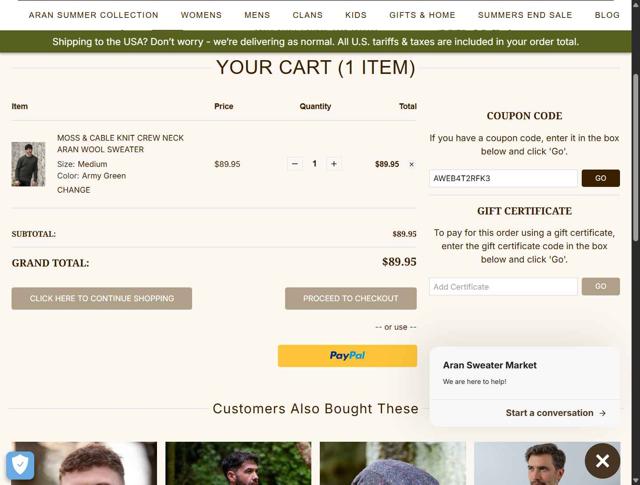 Aran Sweater Market checkout page showing Aran Sweater Market coupon code box | Screenshot taken by SimplyCodes community member on Aug 29, 2025