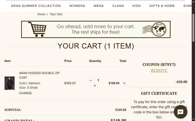 Aran Sweater Market checkout page showing Aran Sweater Market coupon code box | Screenshot taken by SimplyCodes community member on Sep 6, 2025