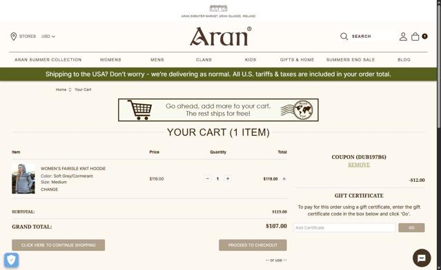 Aran Sweater Market checkout page showing Aran Sweater Market coupon code box | Screenshot taken by SimplyCodes community member on Aug 29, 2025