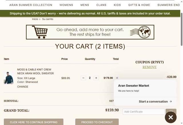 Aran Sweater Market checkout page showing Aran Sweater Market coupon code box | Screenshot taken by SimplyCodes community member on Sep 9, 2025
