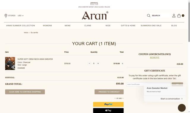 Aran Sweater Market checkout page showing Aran Sweater Market coupon code box | Screenshot taken by SimplyCodes community member on Aug 27, 2025