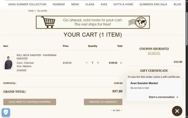 Aran Sweater Market checkout page showing Aran Sweater Market coupon code box | Screenshot taken by SimplyCodes community member on Aug 19, 2025