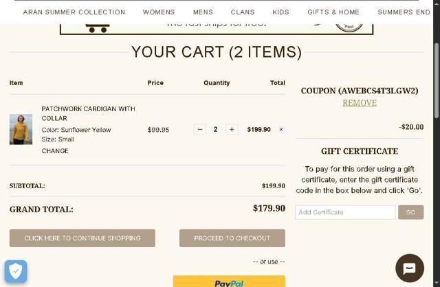 Aran Sweater Market checkout page showing Aran Sweater Market coupon code box | Screenshot taken by SimplyCodes community member on Aug 19, 2025