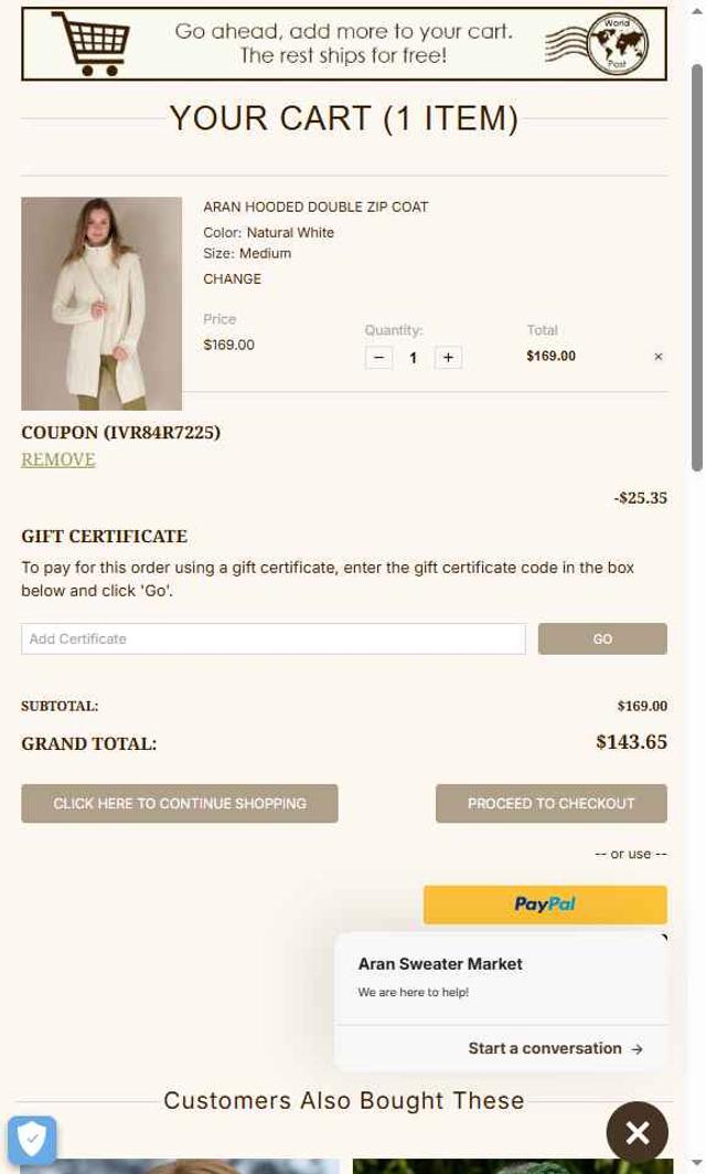 Aran Sweater Market checkout page showing Aran Sweater Market coupon code box | Screenshot taken by SimplyCodes community member on Aug 21, 2025