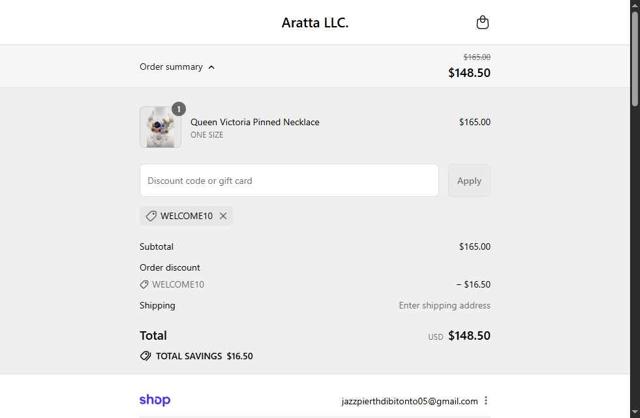 Aratta checkout page showing Aratta promo code box | Screenshot taken by SimplyCodes community member on Sep 8, 2025