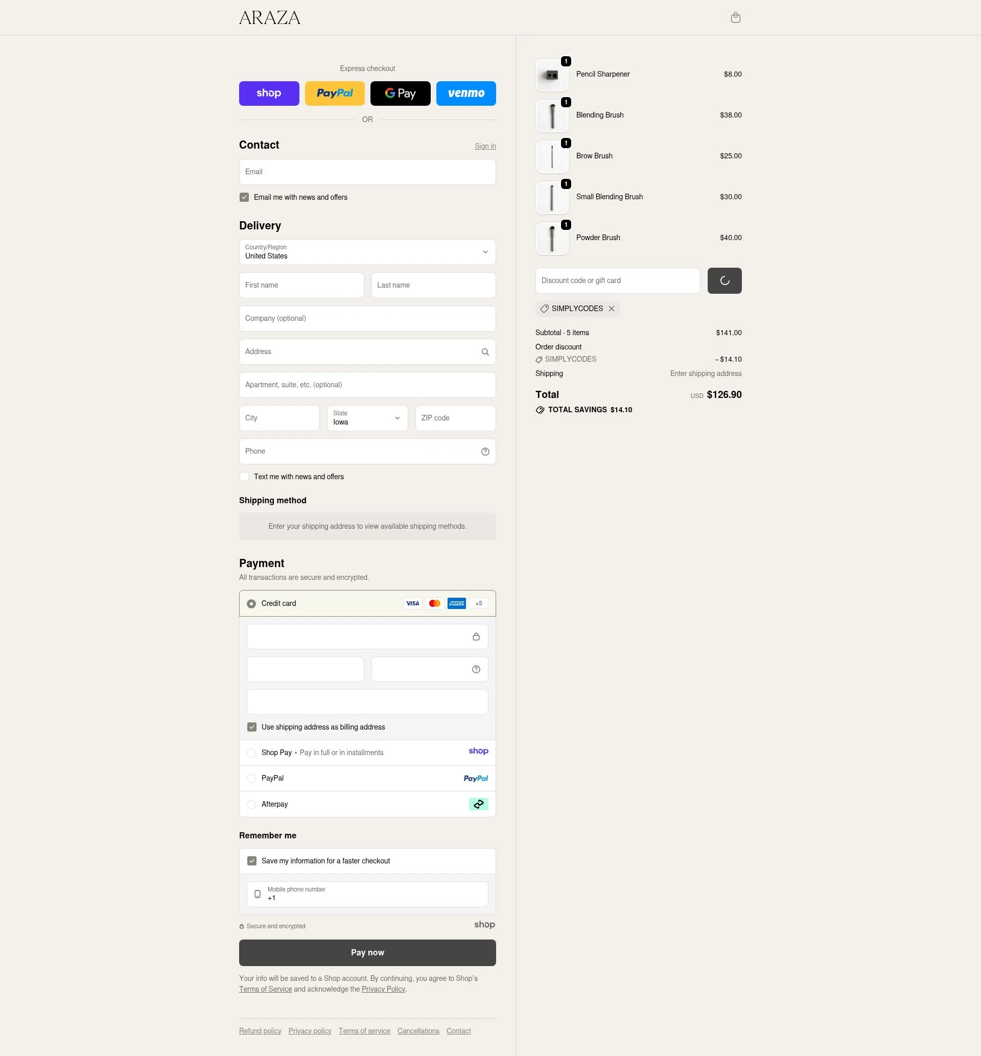 Araza Beauty checkout page showing Araza Beauty discount code box | Screenshot taken by SimplyCodes community member on Jan 6, 2026