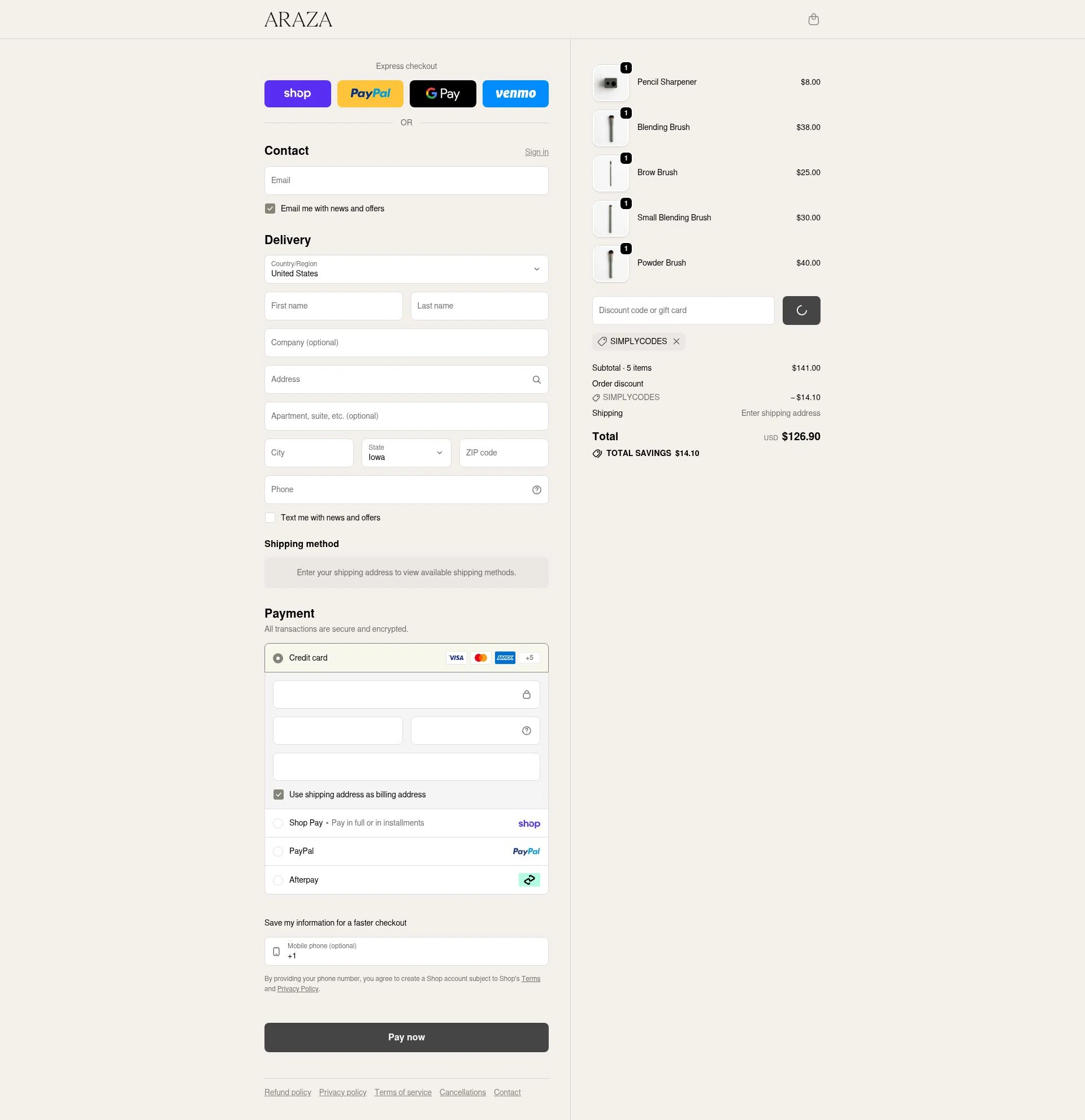 Araza Beauty checkout page showing Araza Beauty discount code box | Screenshot taken by SimplyCodes community member on Feb 8, 2026