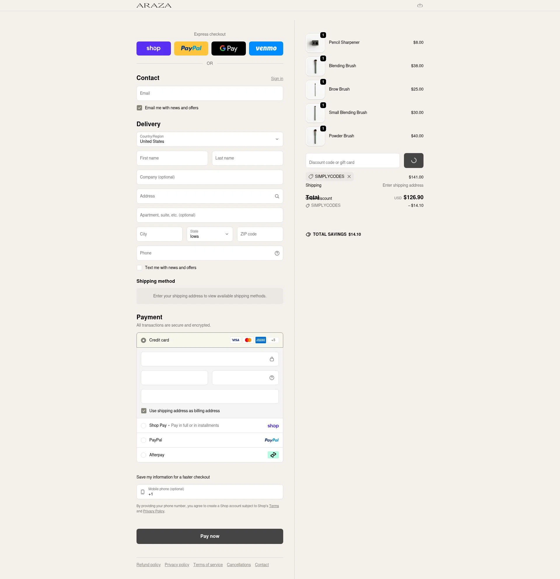 Araza Beauty checkout page showing Araza Beauty discount code box | Screenshot taken by SimplyCodes community member on Jan 31, 2026