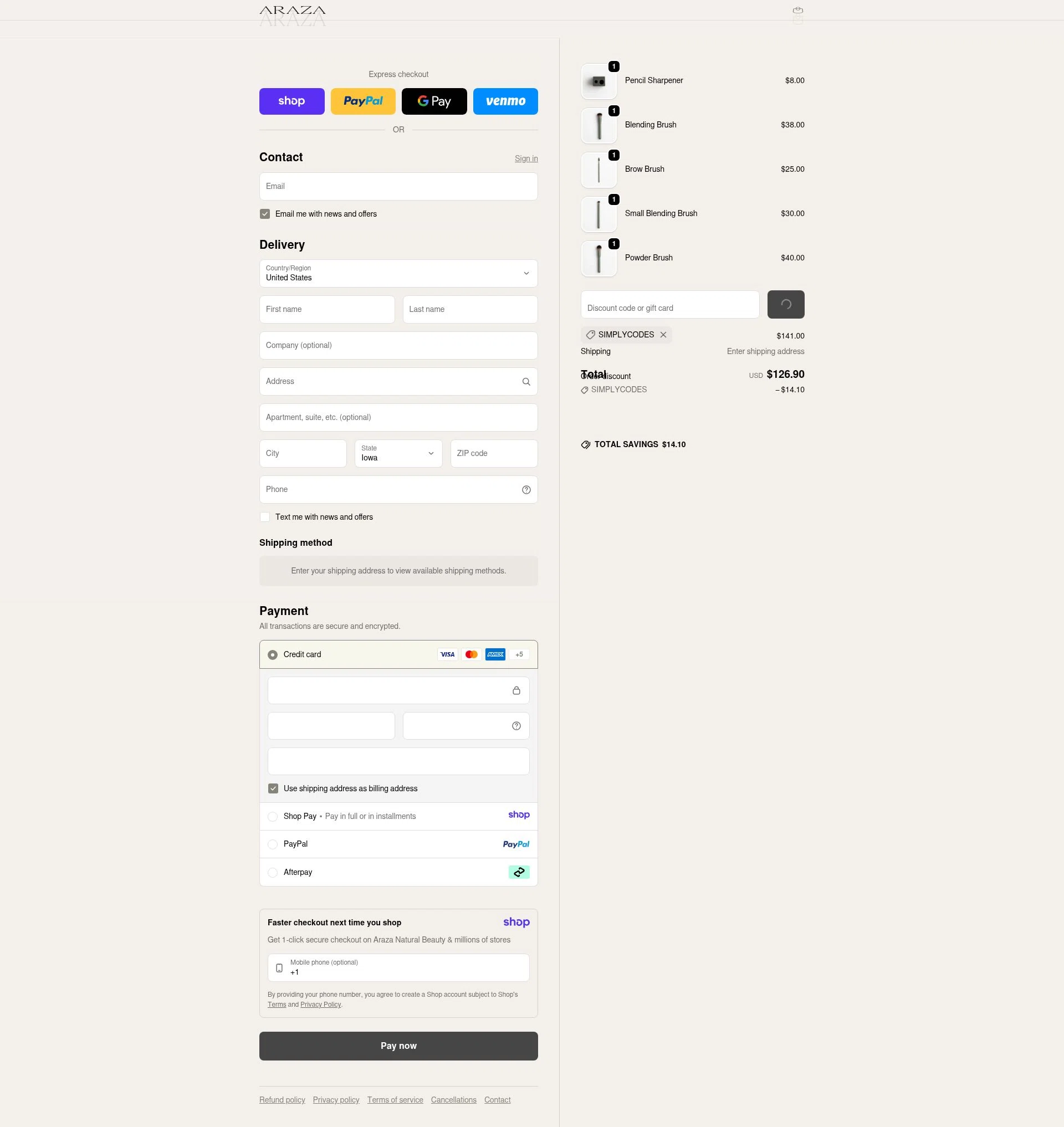 Araza Beauty checkout page showing Araza Beauty discount code box | Screenshot taken by SimplyCodes community member on Jan 17, 2026