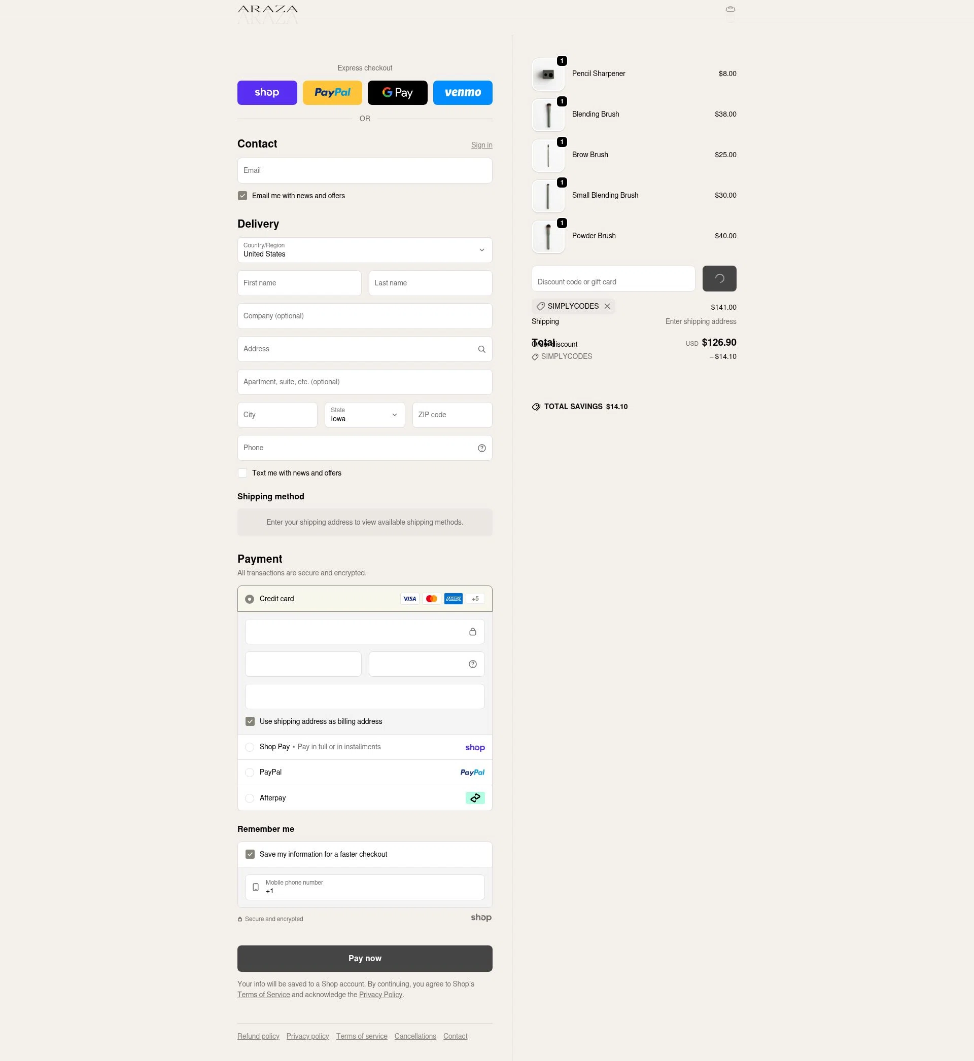 Araza Beauty checkout page showing Araza Beauty discount code box | Screenshot taken by SimplyCodes community member on Jan 26, 2026