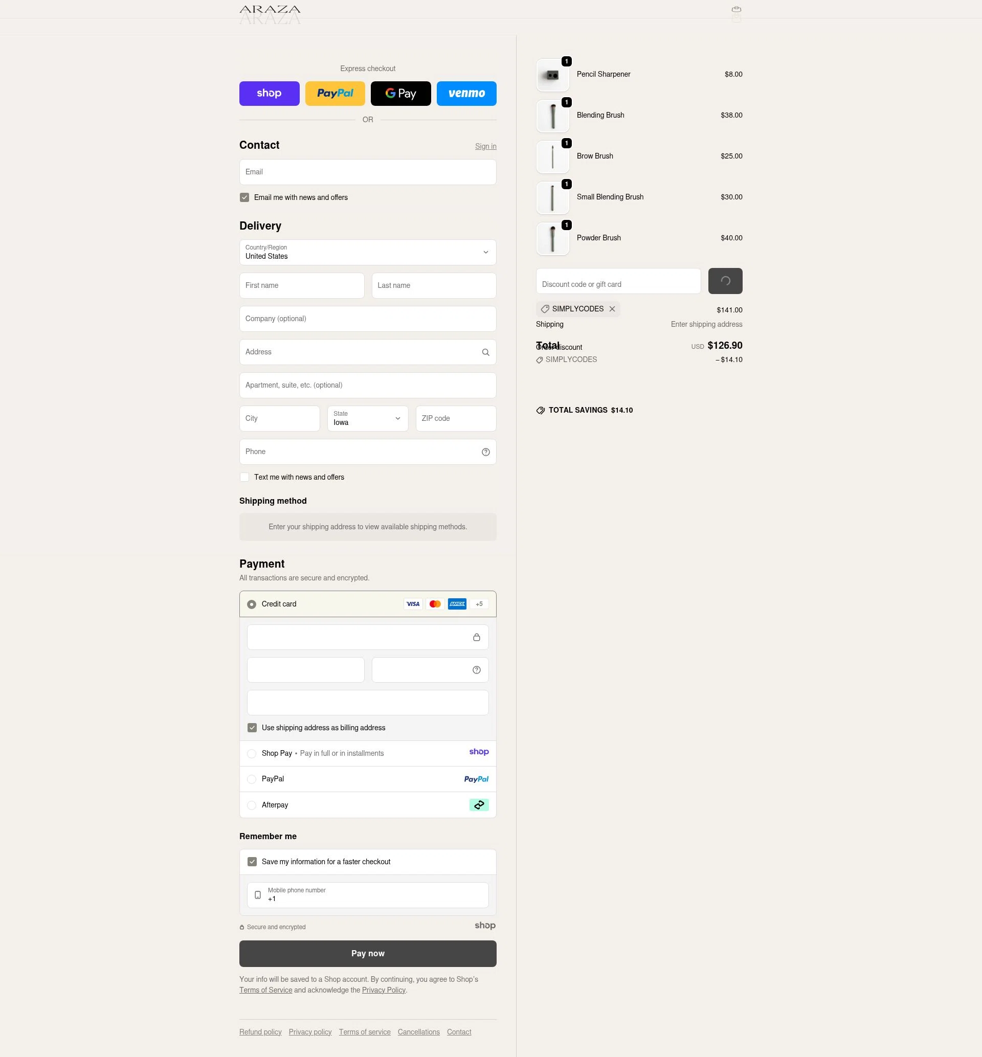 Araza Beauty checkout page showing Araza Beauty discount code box | Screenshot taken by SimplyCodes community member on Jan 12, 2026