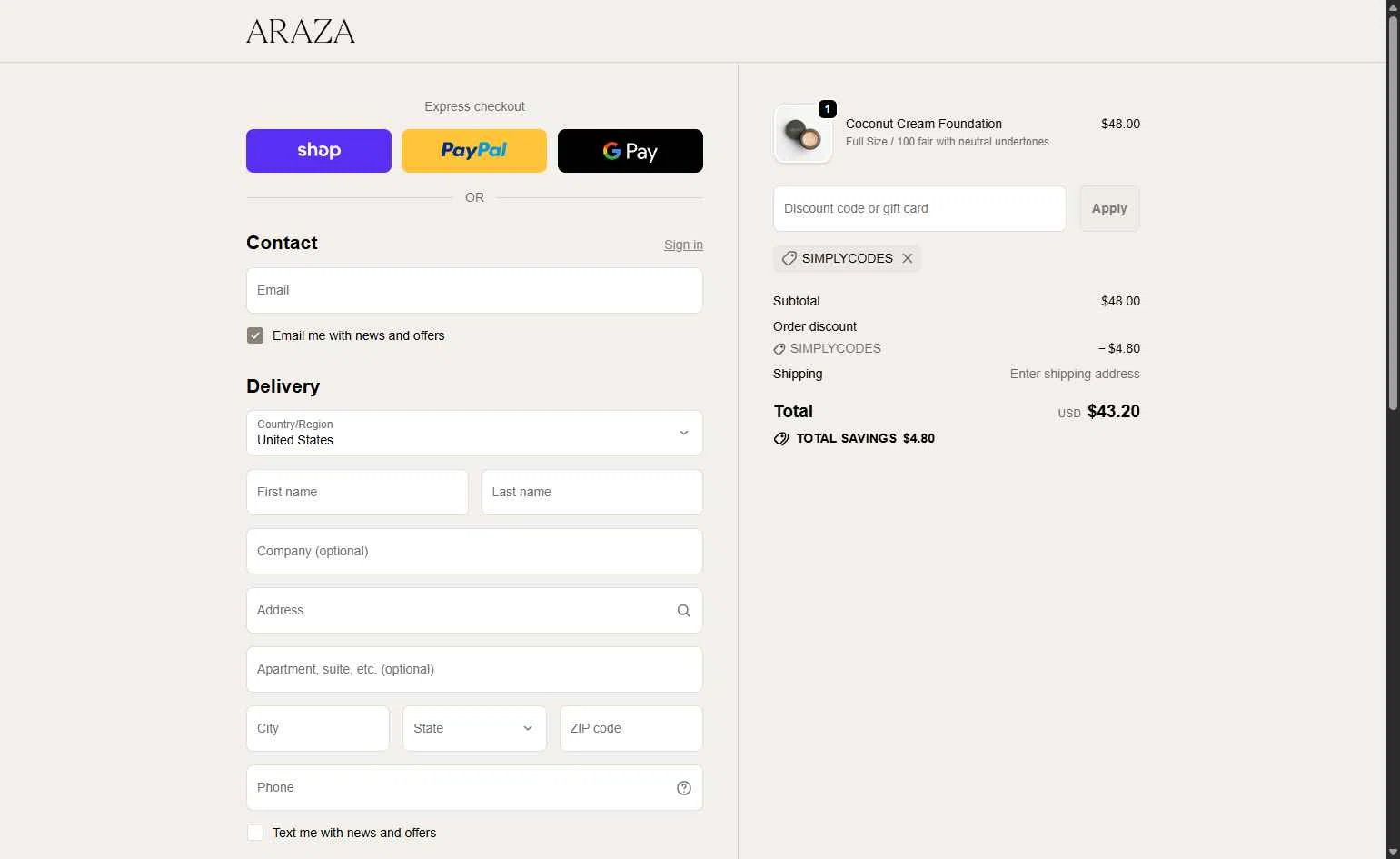Araza Beauty checkout page showing Araza Beauty discount code box | Screenshot taken by SimplyCodes community member on Feb 1, 2026