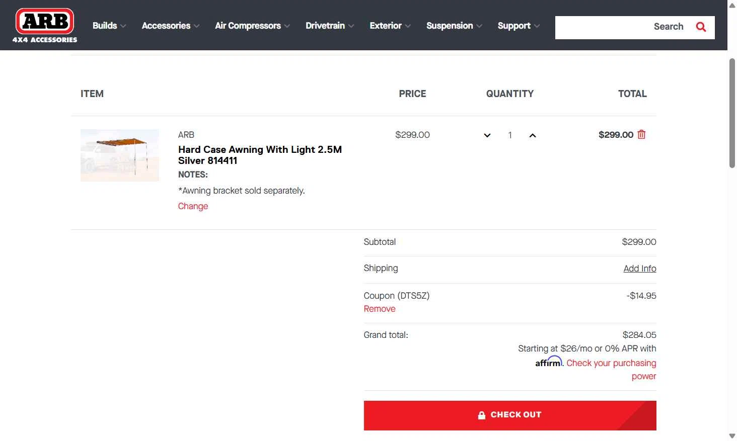 ARB checkout page showing ARB coupon code box | Screenshot taken by SimplyCodes community member on May 27, 2025