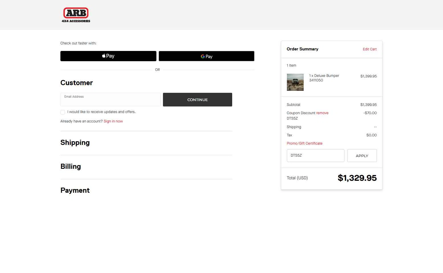 ARB checkout page showing ARB coupon code box | Screenshot taken by SimplyCodes community member on May 27, 2025