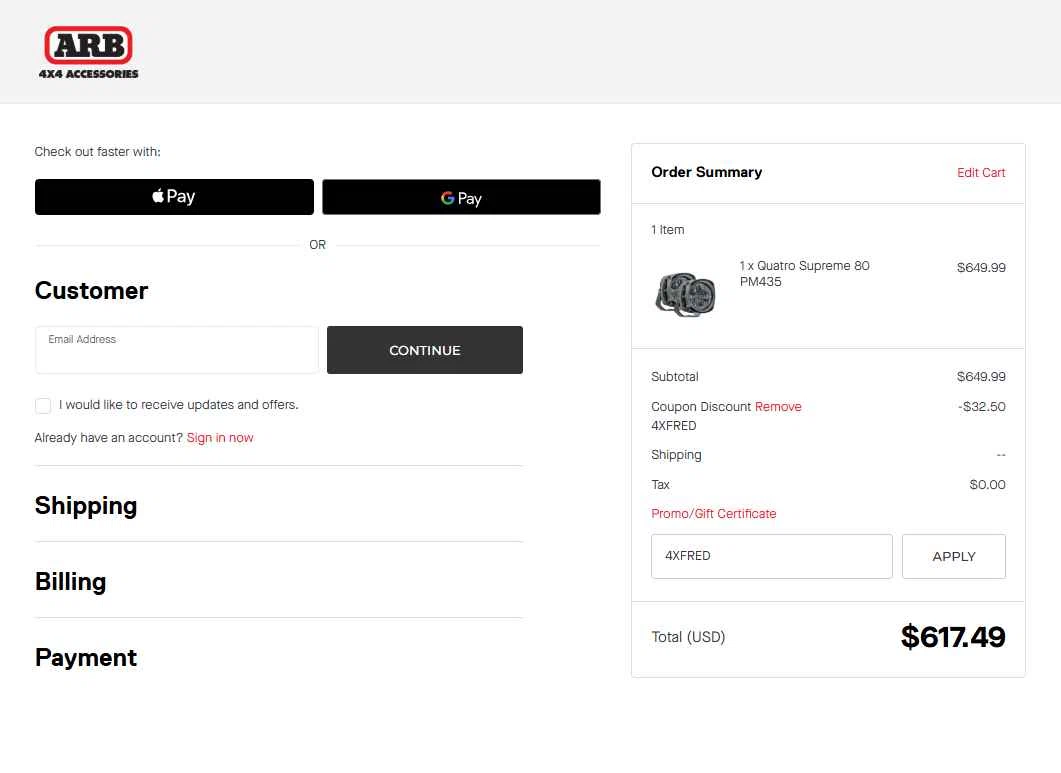 ARB checkout page showing ARB coupon code box | Screenshot taken by SimplyCodes community member on Oct 21, 2025