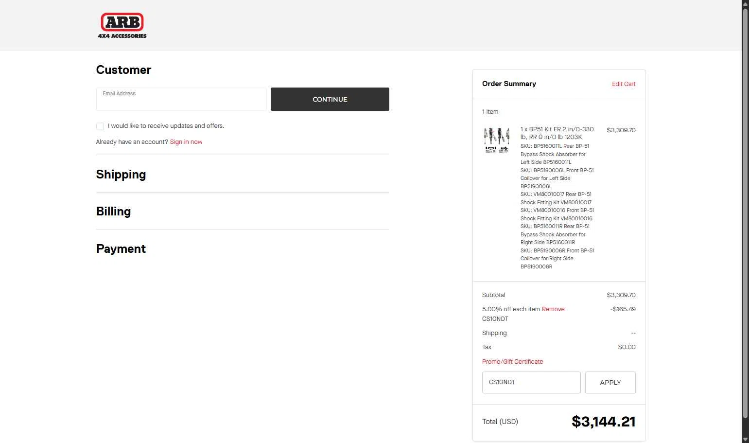 ARB checkout page showing ARB coupon code box | Screenshot taken by SimplyCodes community member on Nov 10, 2025