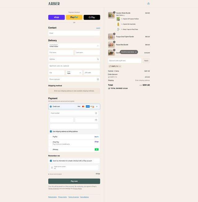 Arber checkout page showing Arber discount code box | Screenshot taken by SimplyCodes community member on Aug 30, 2025
