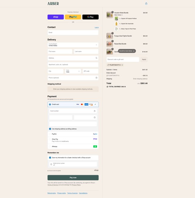 Arber checkout page showing Arber discount code box | Screenshot taken by SimplyCodes community member on Aug 30, 2025