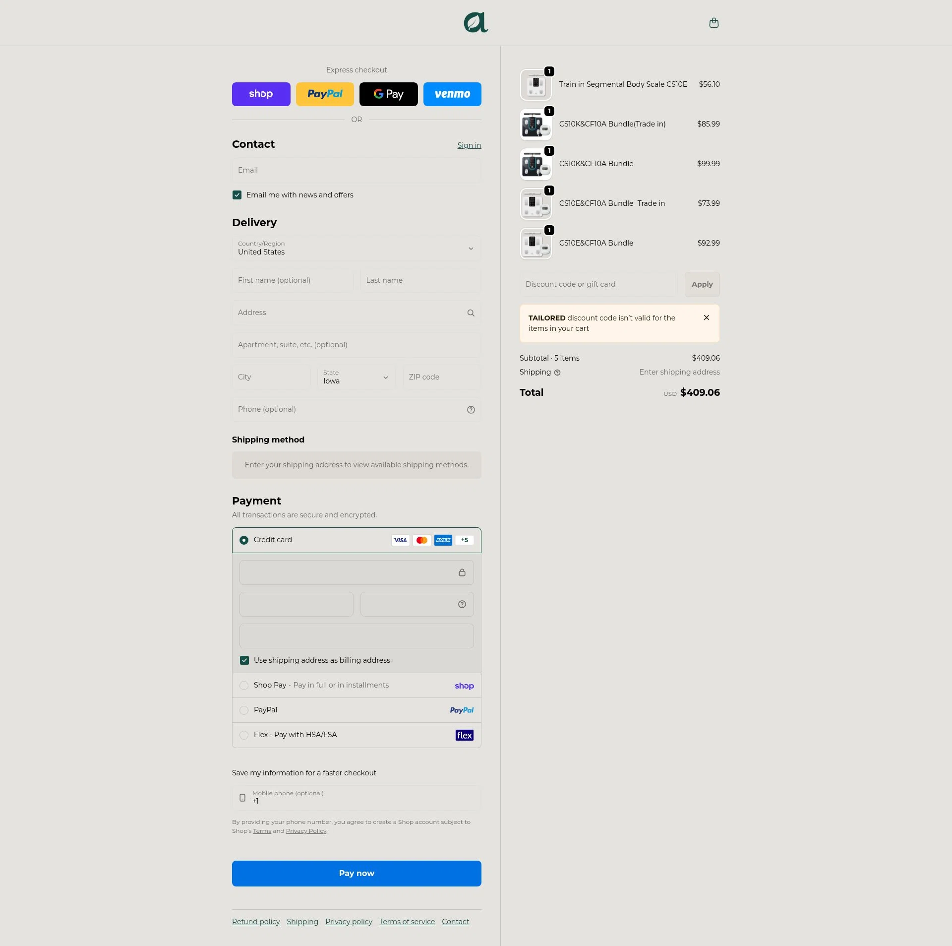 Arboleaf checkout page showing Arboleaf promo code box | Screenshot taken by SimplyCodes community member on Feb 17, 2026