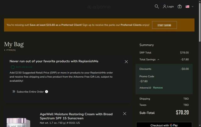 Arbonne checkout page showing Arbonne promo code box | Screenshot taken by SimplyCodes community member on Jun 10, 2025