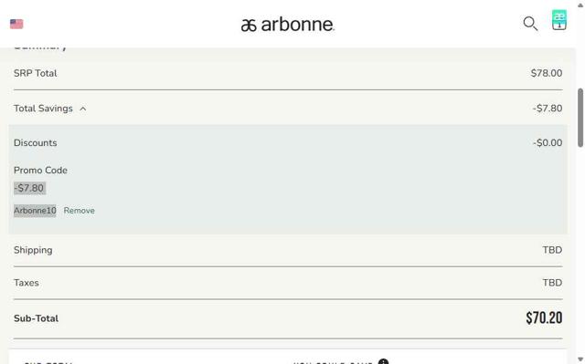 Arbonne checkout page showing Arbonne promo code box | Screenshot taken by SimplyCodes community member on Jul 26, 2025