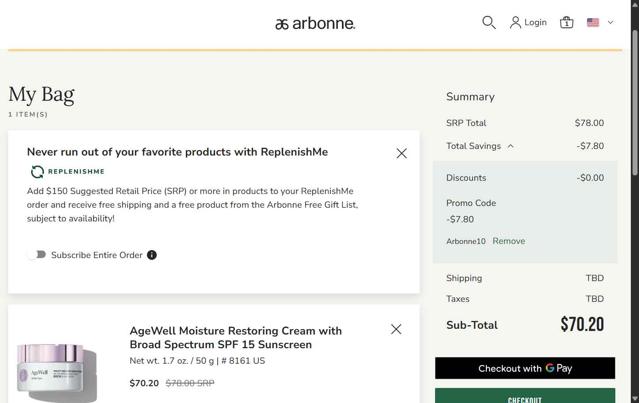 Arbonne checkout page showing Arbonne promo code box | Screenshot taken by SimplyCodes community member on Jun 28, 2025