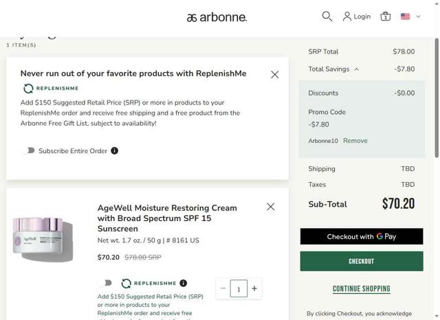 Arbonne checkout page showing Arbonne promo code box | Screenshot taken by SimplyCodes community member on Jun 28, 2025