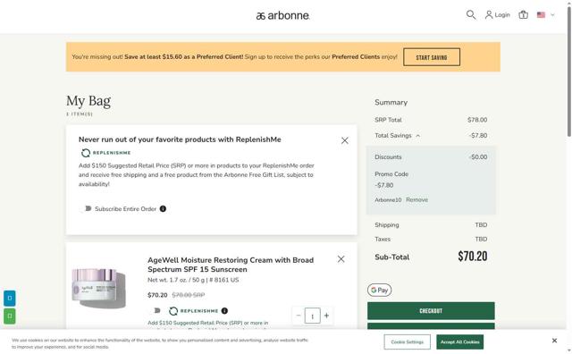Arbonne checkout page showing Arbonne promo code box | Screenshot taken by SimplyCodes community member on Sep 2, 2025