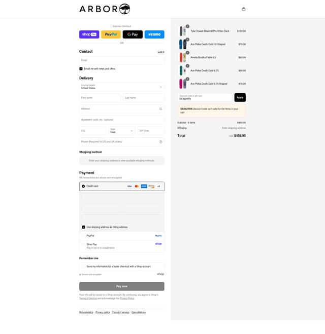 Arbor Collective checkout page showing Arbor Collective promo code box | Screenshot taken by SimplyCodes community member on Aug 24, 2025
