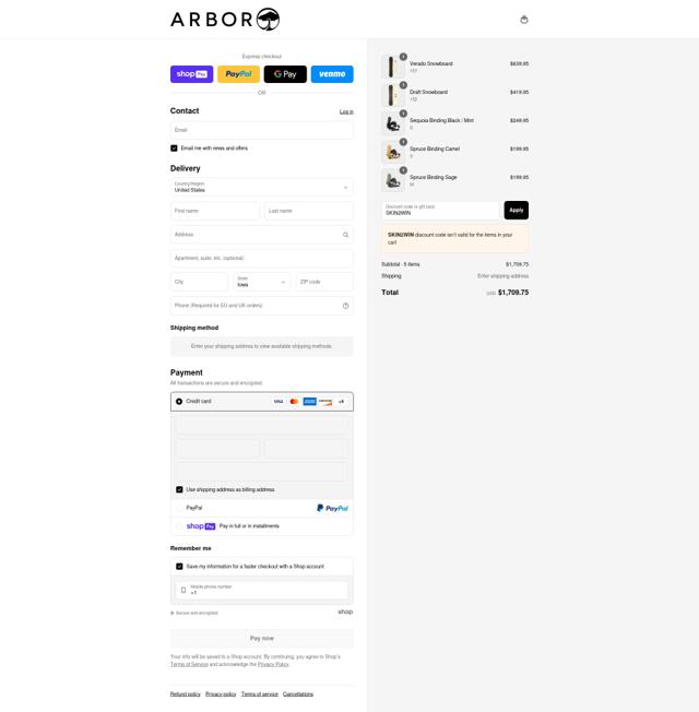 Arbor Collective checkout page showing Arbor Collective promo code box | Screenshot taken by SimplyCodes community member on Aug 11, 2025