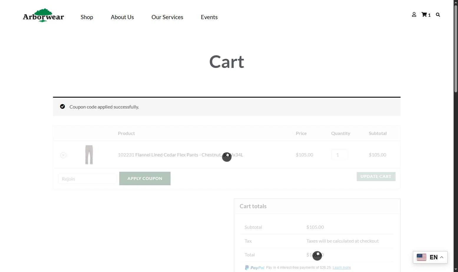 Arborwear checkout page showing Arborwear promo code box | Screenshot taken by SimplyCodes community member on Dec 3, 2025