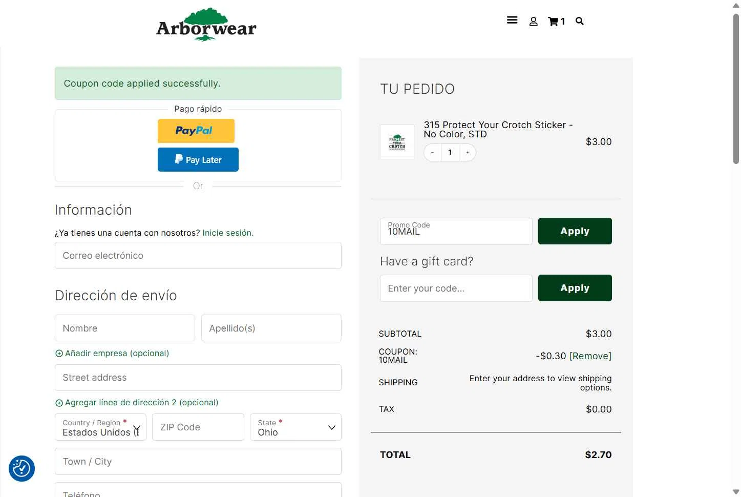 Arborwear checkout page showing Arborwear promo code box | Screenshot taken by SimplyCodes community member on Feb 8, 2026