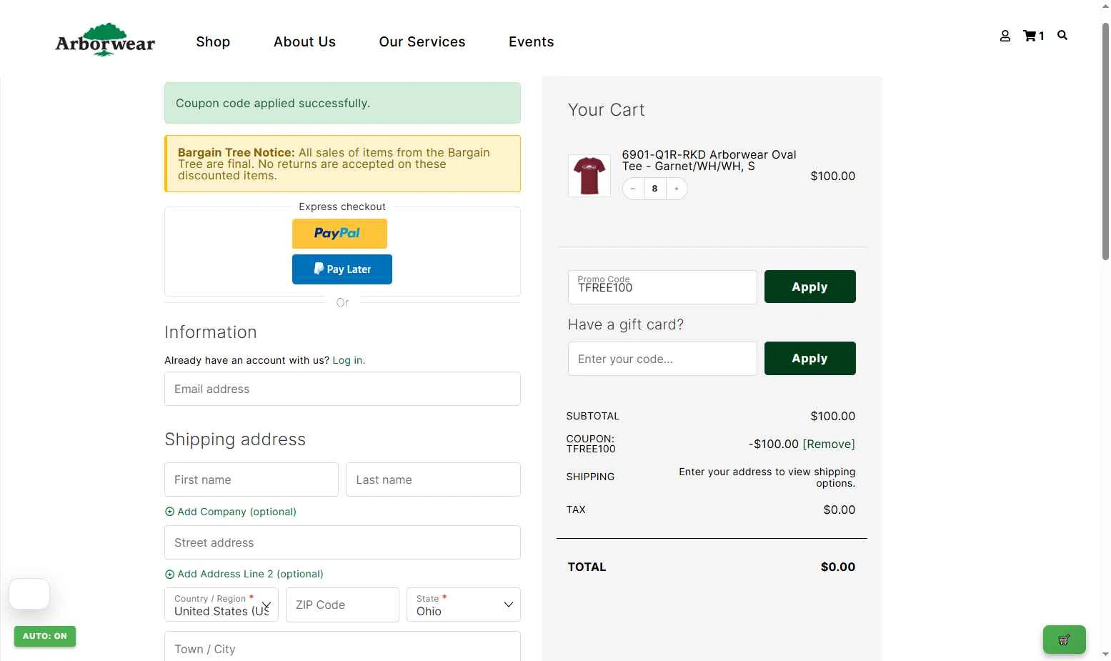 Arborwear checkout page showing Arborwear promo code box | Screenshot taken by SimplyCodes community member on Feb 1, 2026