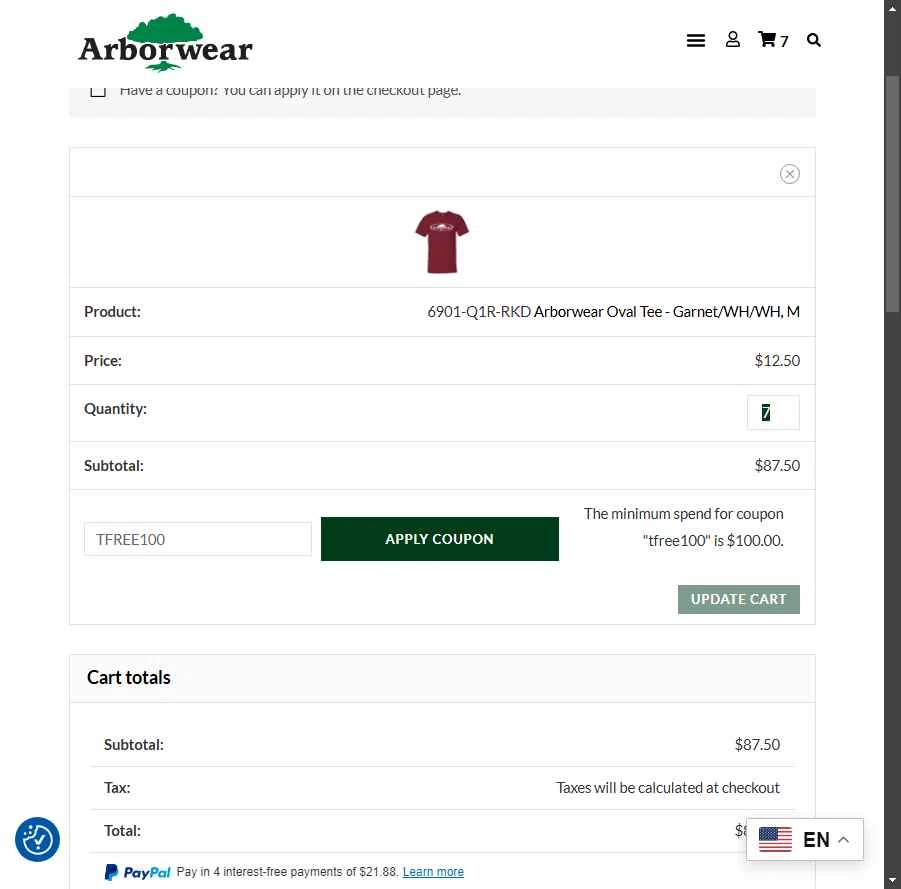 Arborwear checkout page showing Arborwear promo code box | Screenshot taken by SimplyCodes community member on Jan 3, 2026