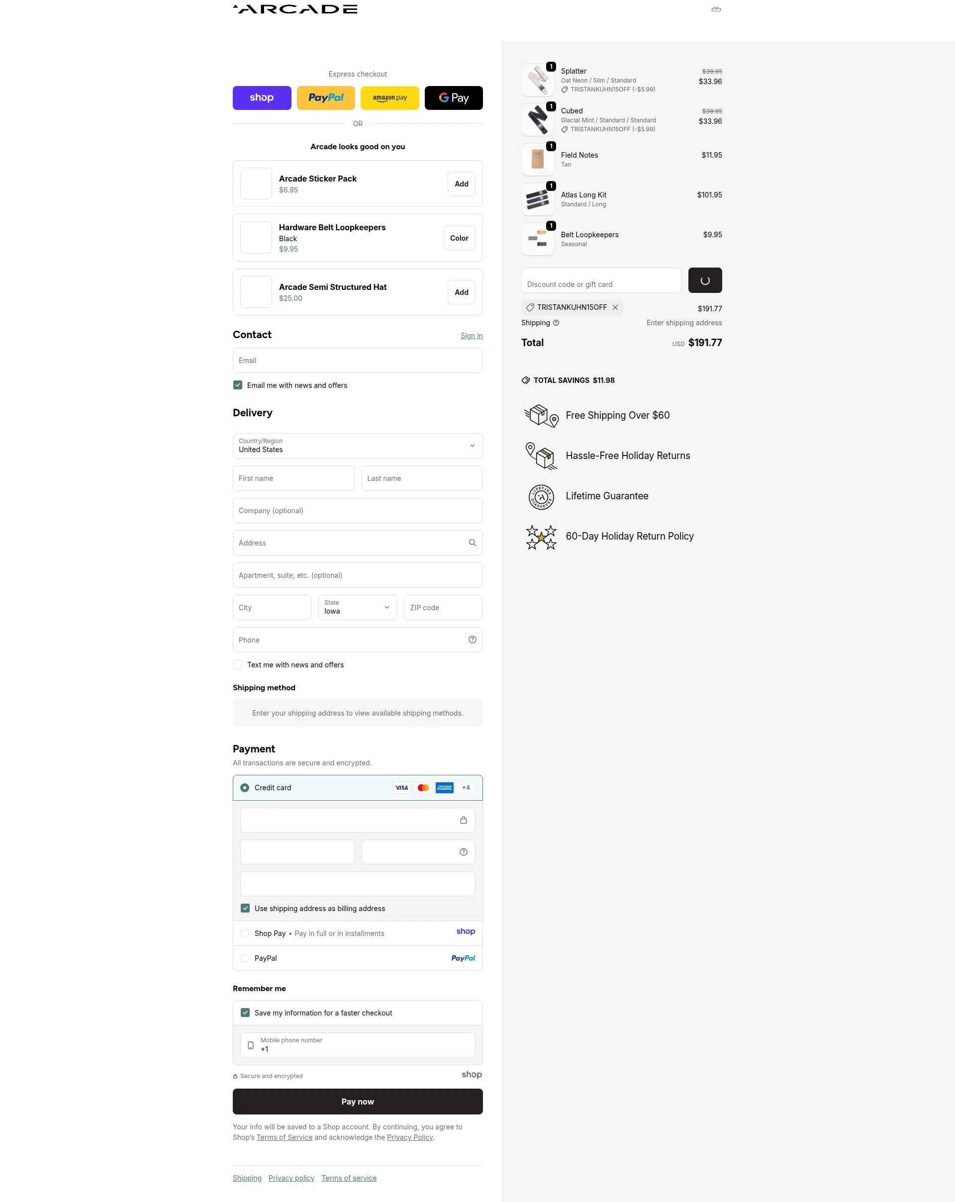 Arcade Belts US checkout page showing Arcade Belts US promo code box | Screenshot taken by SimplyCodes community member on Jan 5, 2026