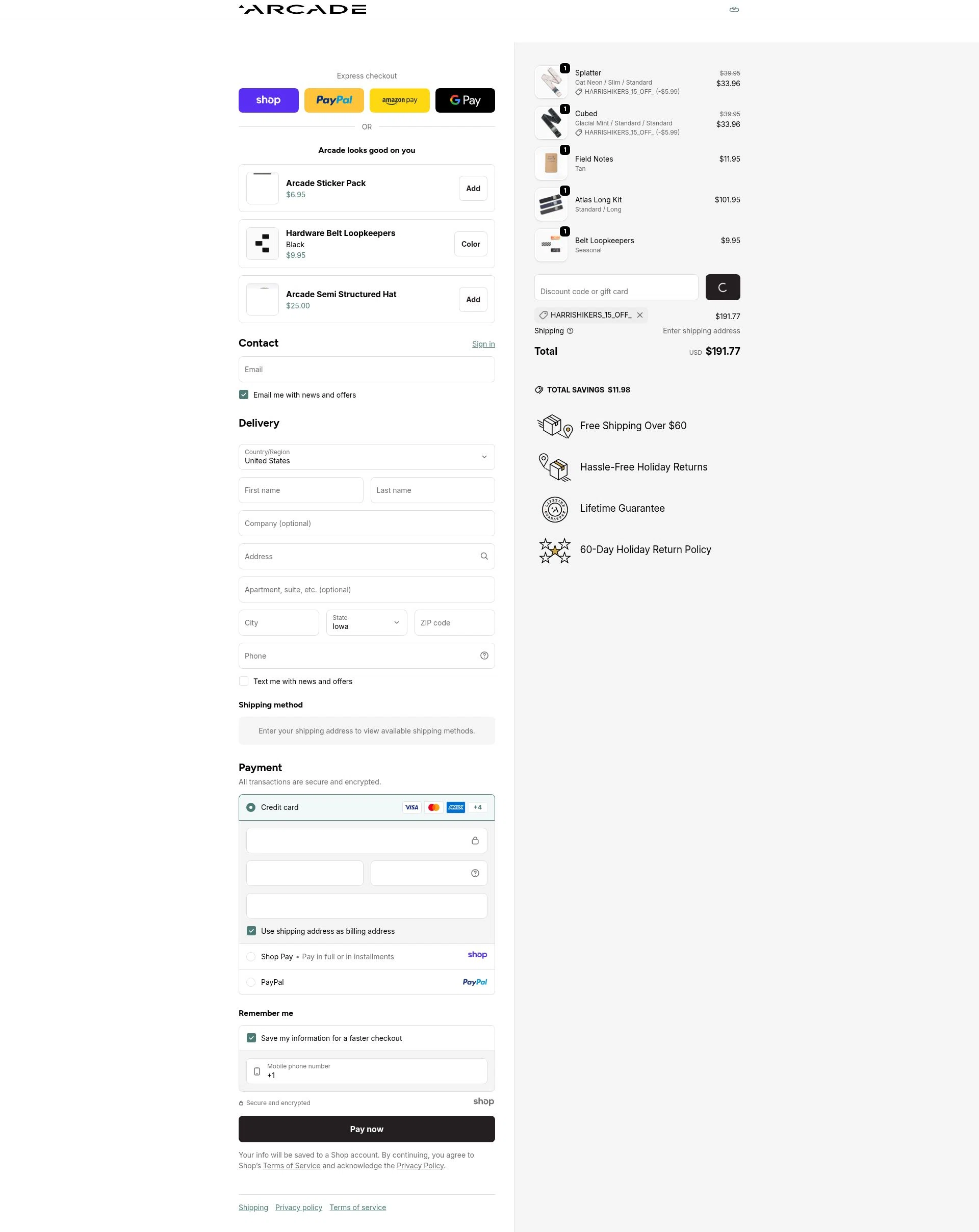 Arcade Belts US checkout page showing Arcade Belts US promo code box | Screenshot taken by SimplyCodes community member on Dec 26, 2025