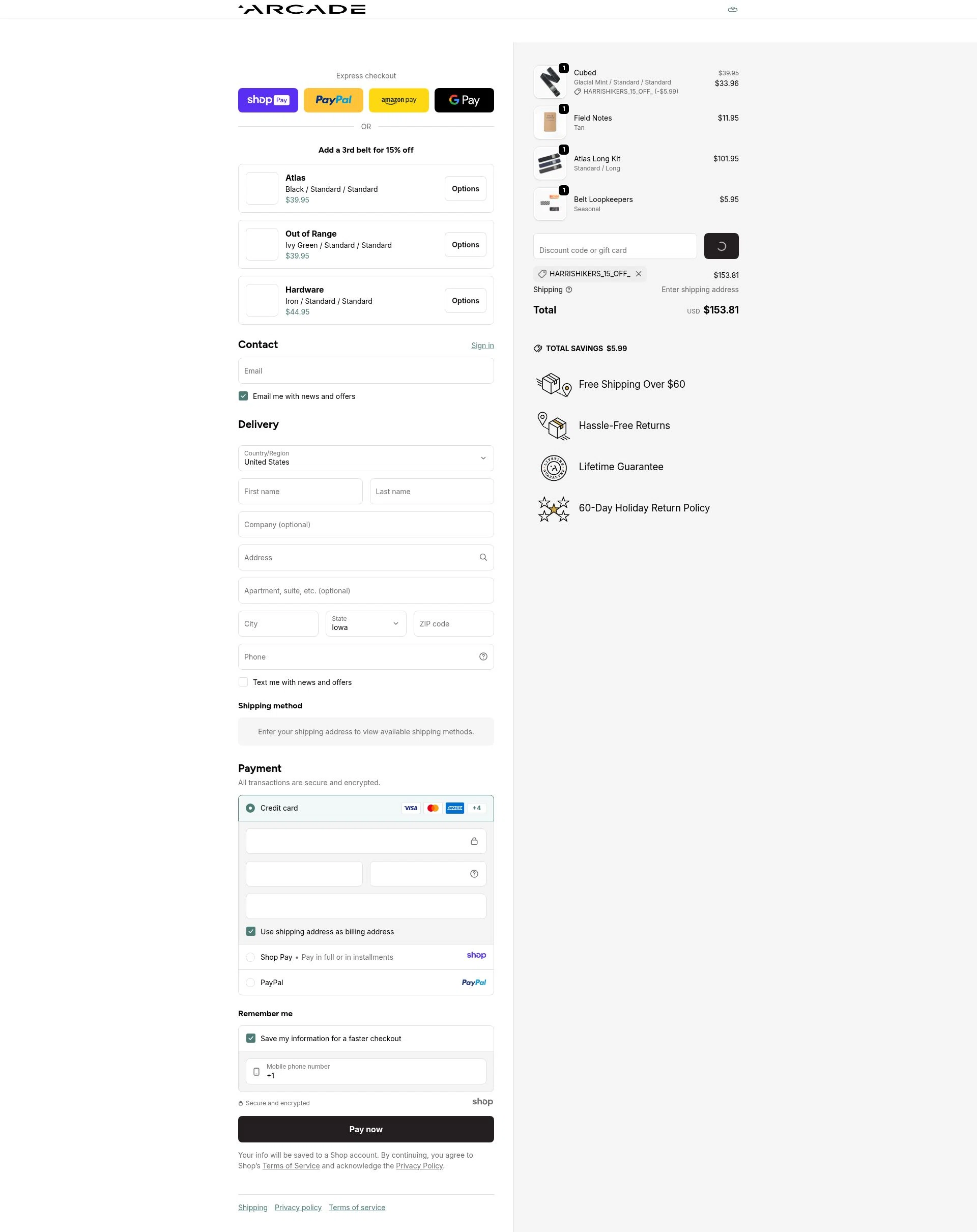 Arcade Belts US checkout page showing Arcade Belts US promo code box | Screenshot taken by SimplyCodes community member on Jan 10, 2026