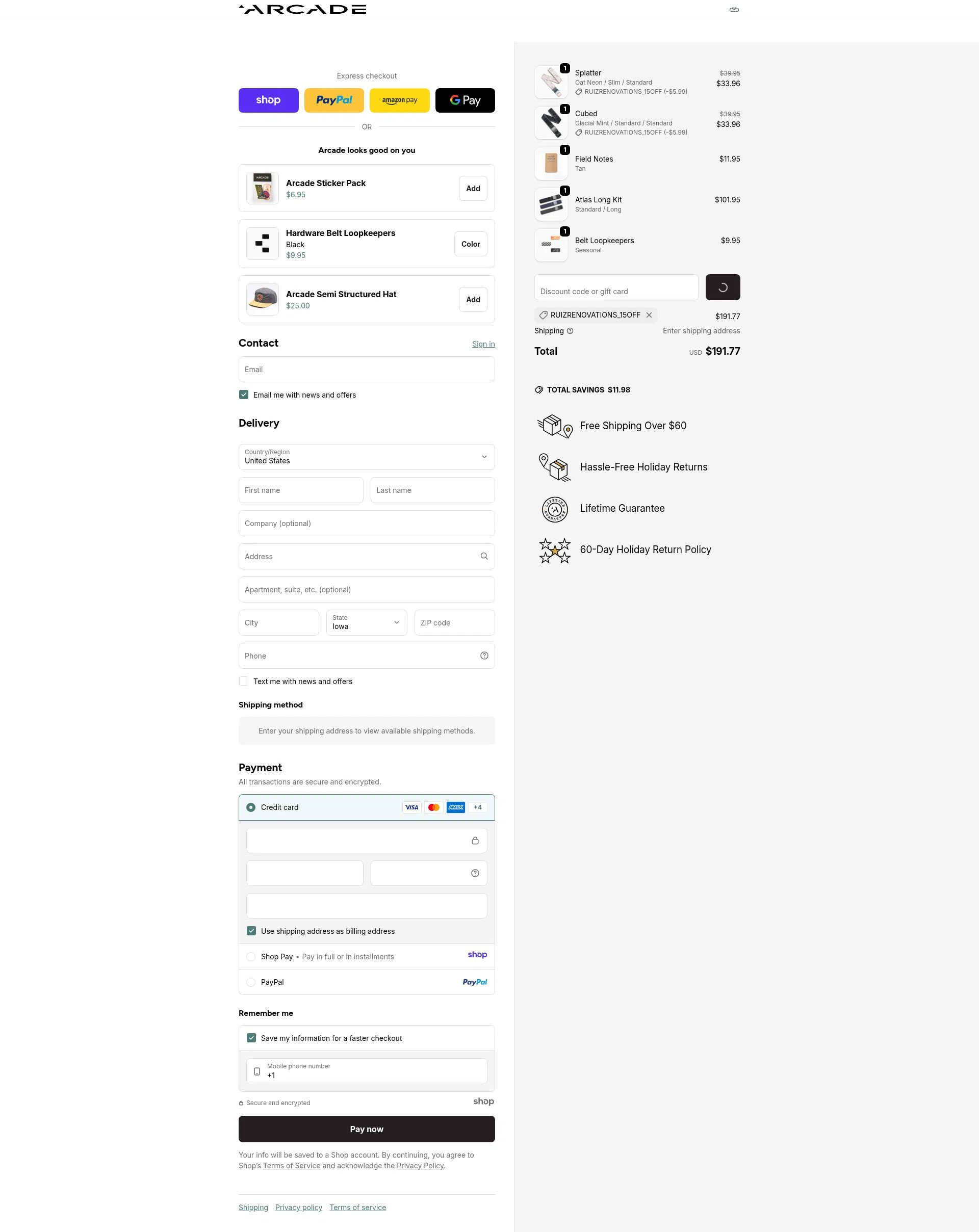 Arcade Belts US checkout page showing Arcade Belts US promo code box | Screenshot taken by SimplyCodes community member on Dec 31, 2025