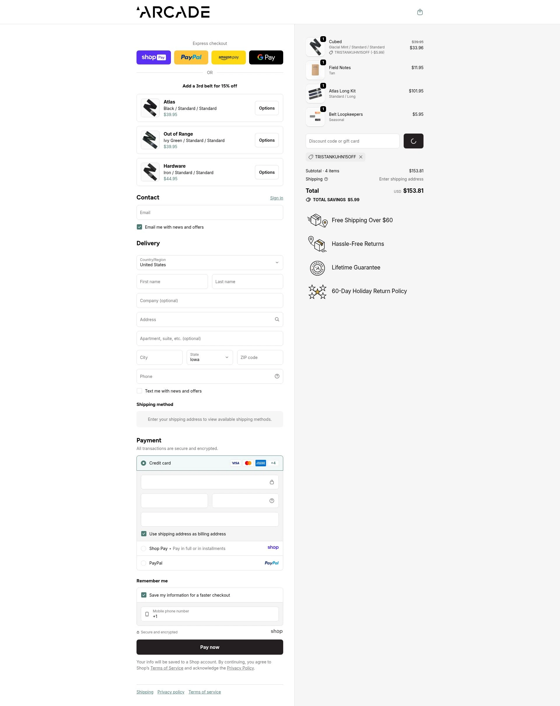 Arcade Belts US checkout page showing Arcade Belts US promo code box | Screenshot taken by SimplyCodes community member on Jan 10, 2026