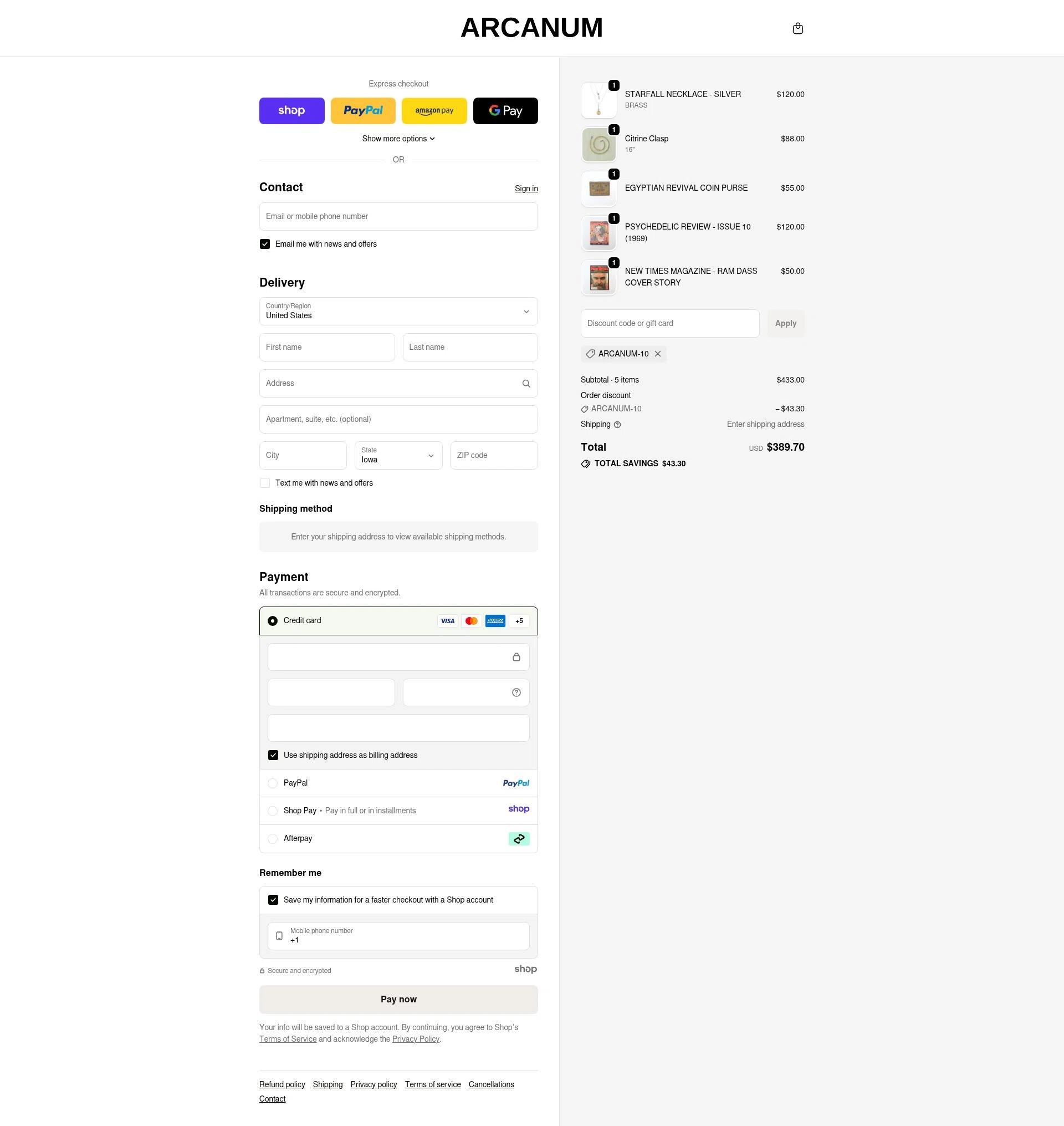 Arcanum LA checkout page showing Arcanum LA promo code box | Screenshot taken by SimplyCodes community member on Dec 5, 2025