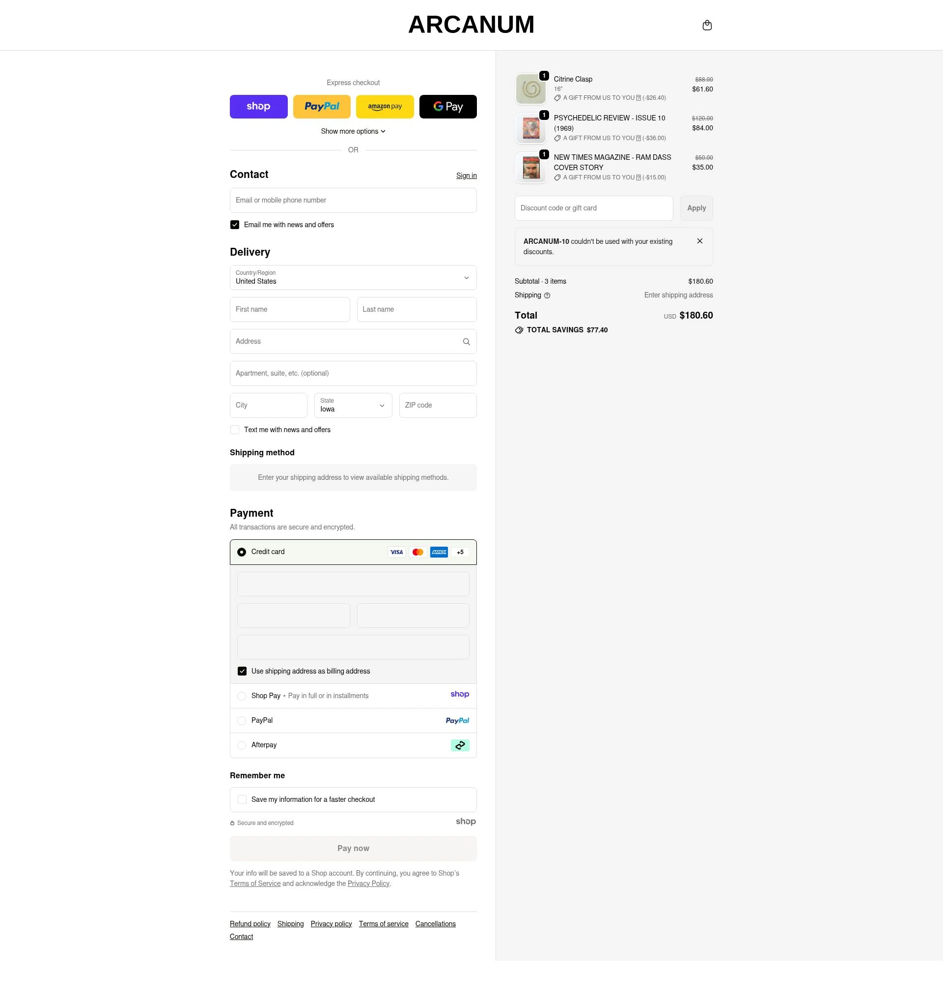 Arcanum LA checkout page showing Arcanum LA promo code box | Screenshot taken by SimplyCodes community member on Jan 2, 2026