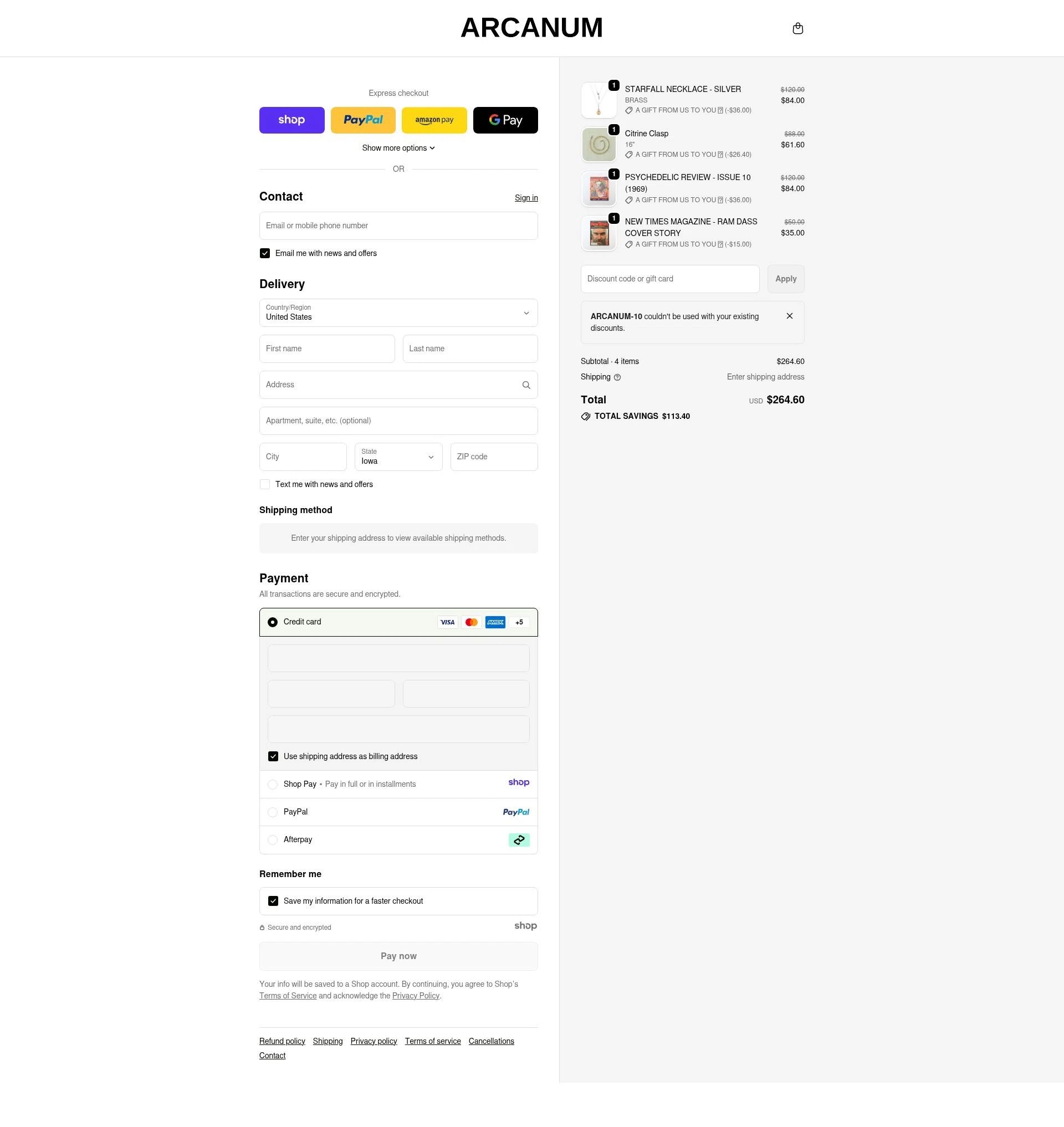 Arcanum LA checkout page showing Arcanum LA promo code box | Screenshot taken by SimplyCodes community member on Dec 28, 2025