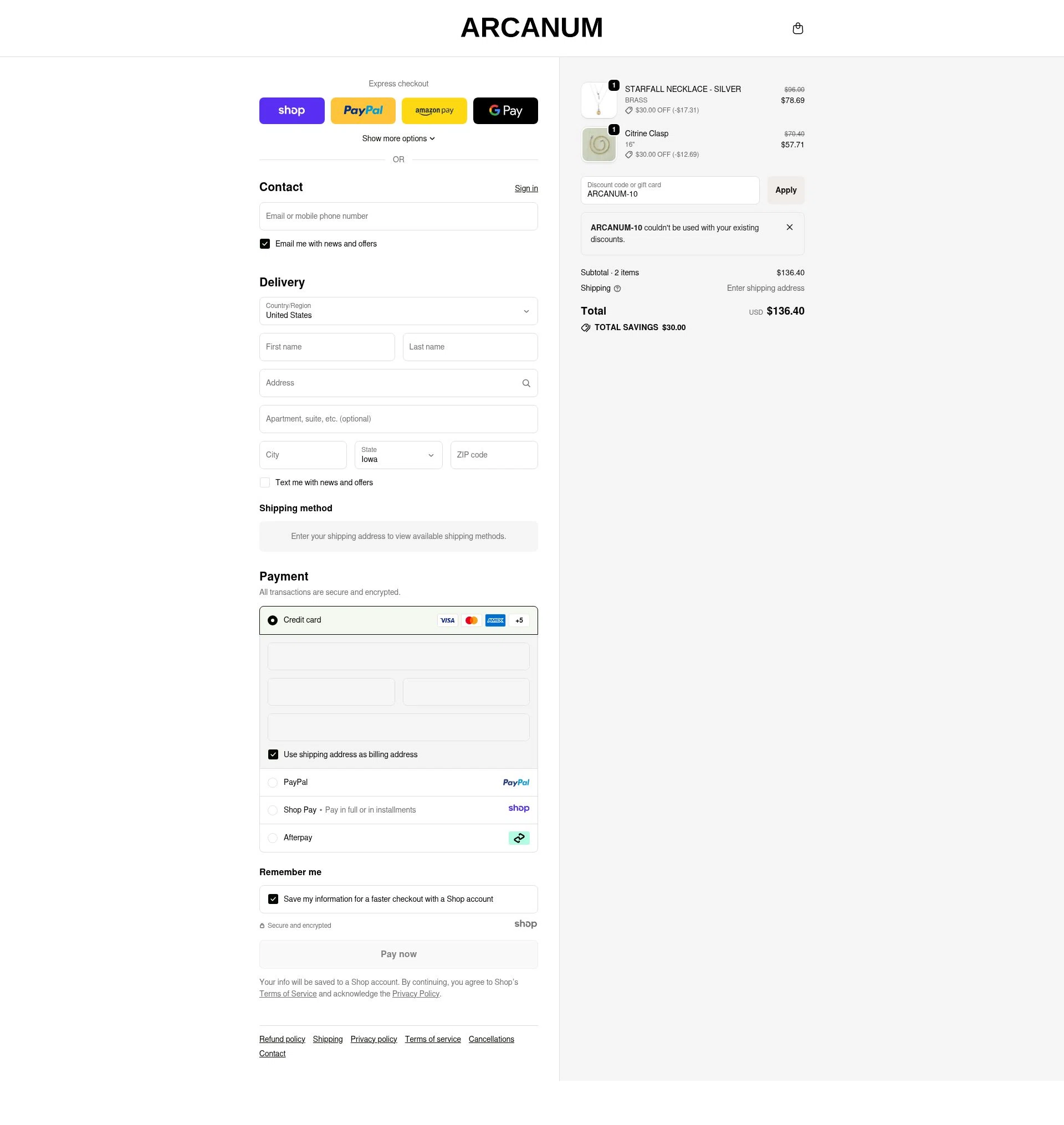 Arcanum LA checkout page showing Arcanum LA promo code box | Screenshot taken by SimplyCodes community member on Nov 29, 2025